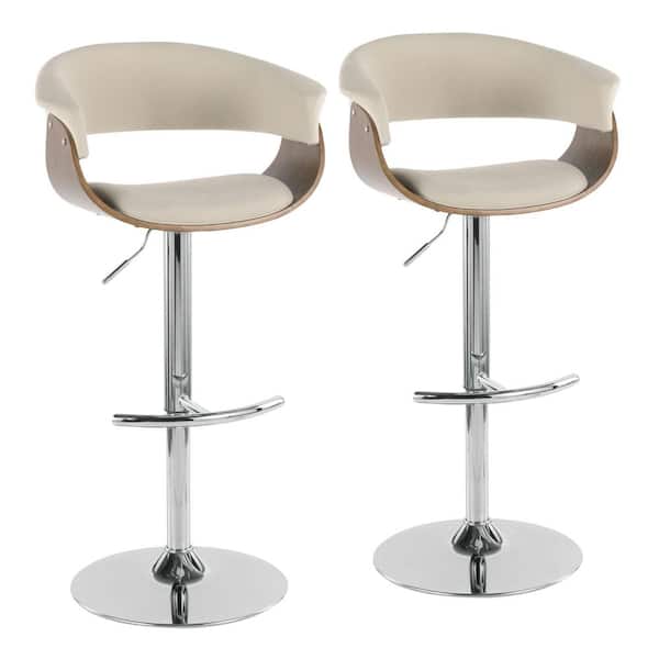 Lumisource Vintage Mod 42.75 in. Cream Fabric and Chrome Low Back Adjustable Bar Stool with Rounded T Footrest (Set of 2)