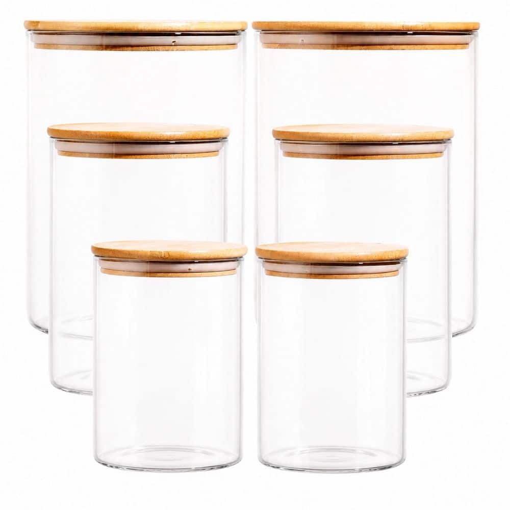 Anqtovp 6-Pack Borosilicate Glass Storage Jar Set with Bamboo Lids