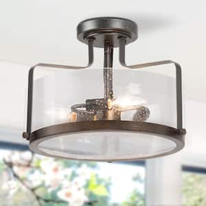 Modern Farmhouse 14 in. 3-Light Rustic Black Semi-Flush Mount Lighting with Seeded Glass Shade and Faux Wood Accents
