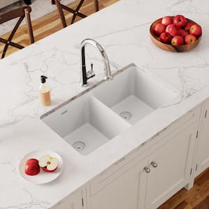 Quartz Classic 33 in. Undermount Double Bowl White Granite/Quartz Composite Kitchen Sink Only