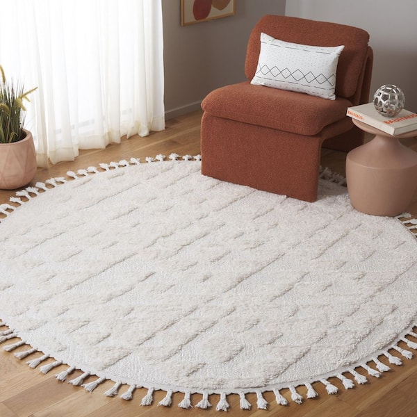 Moroccan Tassel Shag Ivory 8 ft. x 8 ft. High-Low Geometric Fringe Round Area Rug