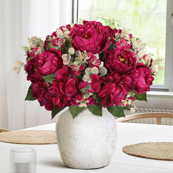 17 in. Burgundy Artificial Mixed Peony Hydrangea Blossom Flower Stem Bush Bouquet (Set of 2)