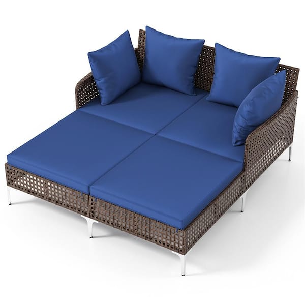 Wicker Outdoor Rattan Double Daybed Chaise Lounge for 2 with Seat & Navy Back Cushions