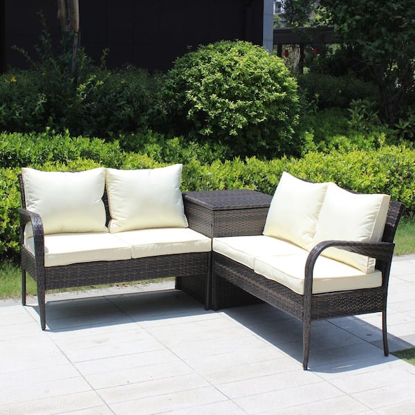 AUTMOON 3-Piece Patio Outdoor Furniture Sofa Set with Storage Box, Brown