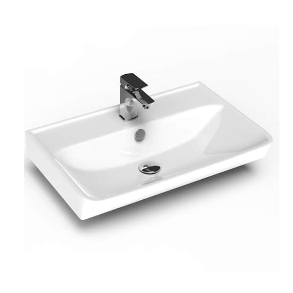WS Bath Collections Neo Wall Mount Rectangular Bathroom Sink in Glossy White with 1-Faucet Hole