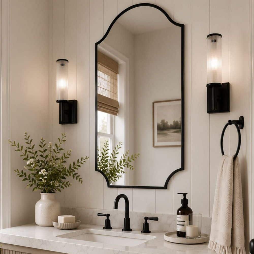 Airius 24 in. W x 32 in. H Arched Stainless Steel Framed Wall Mounted Bathroom Vanity Mirror in Matt Black price history on PriceWatchPro