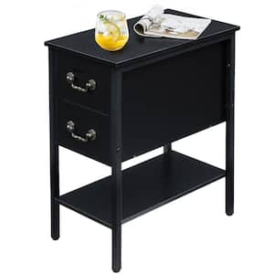 Black End Table, Narrow Chairside Table 2-Drawers and Open Storage Shelf, Nightstand 20.5 in. L x 11.8 in. W x 23.6 in.