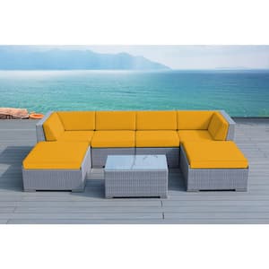 Ohana Gray 7-Piece Wicker Patio Seating Set with Sunbrella Sunflower Yellow Cushions