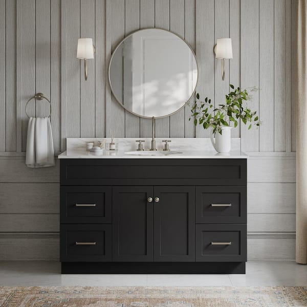 ARIEL Hamlet 55 in. W x 22 in. D x 35.25 in. H Bath Vanity in Black with Carrara White Marble Vanity Top