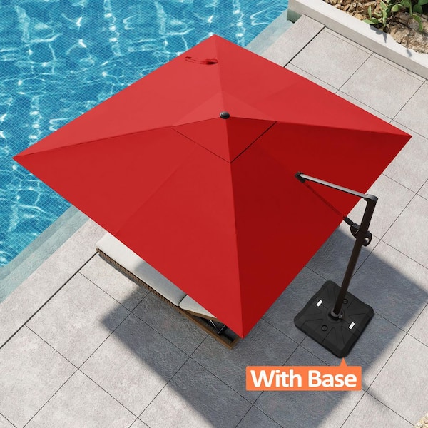 Pellebant 10.5 ft. x 10.5 ft. Square Aluminum 360° Rotation Outdoor Cantilever Patio Umbrella in Red with Stand