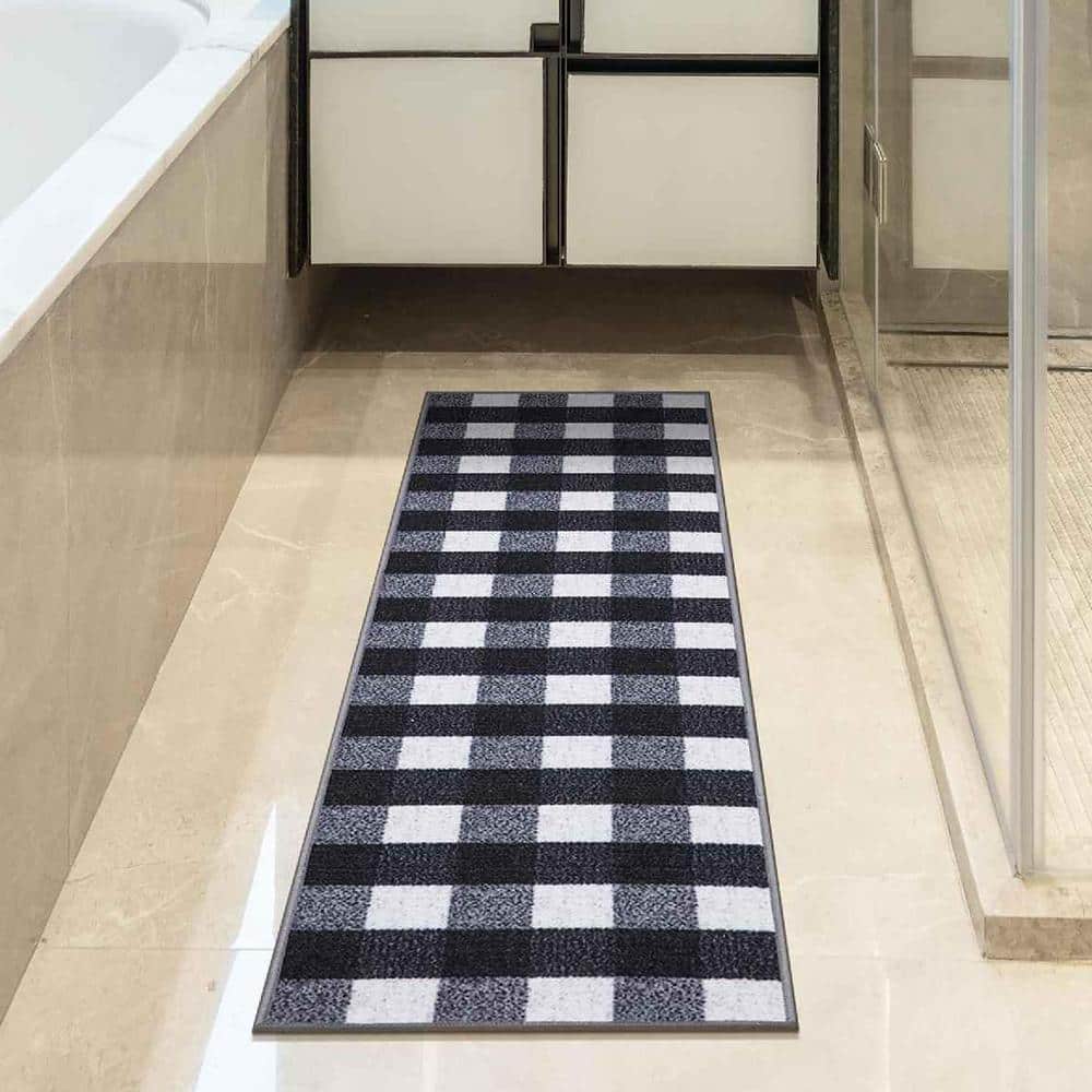 Black and White Checkered Synthetic Runner Rug, 20" x 59"