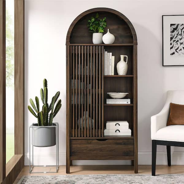 Vaughn 71 in. Arched Display Cabinet in Walnut  with Drawer and Adjustable Shelves
