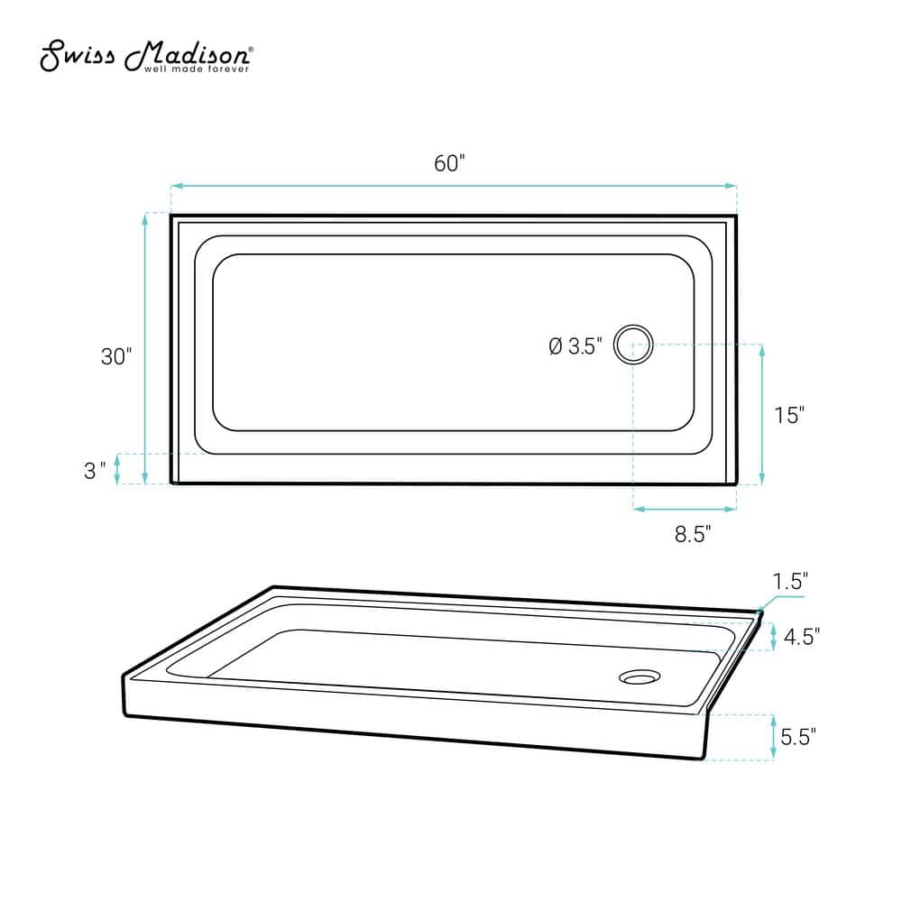Voltaire 60 x 30 Glossy White Shower Pan Base with Right Drain