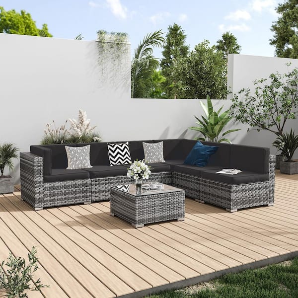 ELPOSUN 7 Seat 6-Piece Wicker Outdoor Patio Conversation Sectional Deep Seating Sofa Set with Black Cushions, Coffee Table