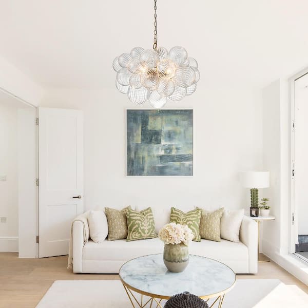 HUOKU Neuvy 3-Light 23.6 in. W Brass Chandelier with Swirled-Glass