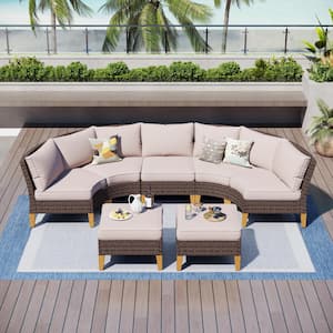 Brown Rattan Wicker 7 Seat 7-Piece Steel Outdoor Patio Conversation Set with Beige Cushions
