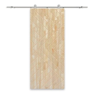 Chevron Arrow 32 in. x 84 in. Fully Assembled Natural Wood Finish Modern Sliding Barn Door with Hardware Kit