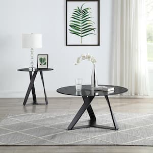 Madria 36 in. Texture Black Powder Coated and Gray Round Glass Top 2-Piece Coffee Table Set