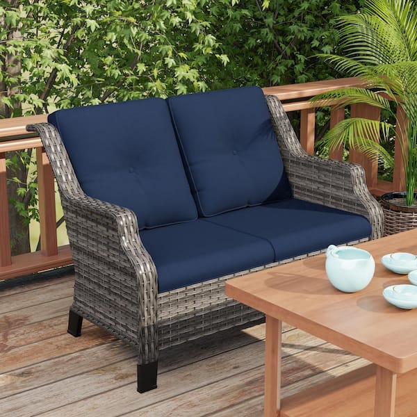 Brown Wicker Outdoor Patio Loveseat 2-Seat Sofa Couch with Blue Cushions