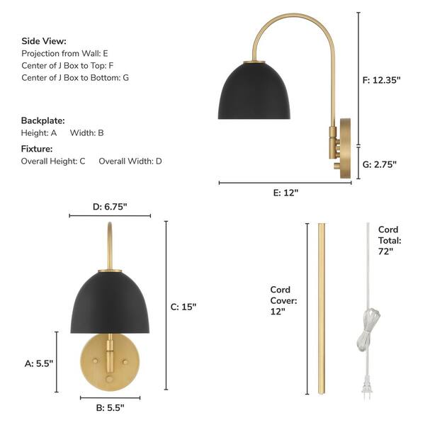 Hunter Fan Company - Hunter Erling 7 in. 1 Light Luxe Gold Wall Sconce with Black Metal Shade