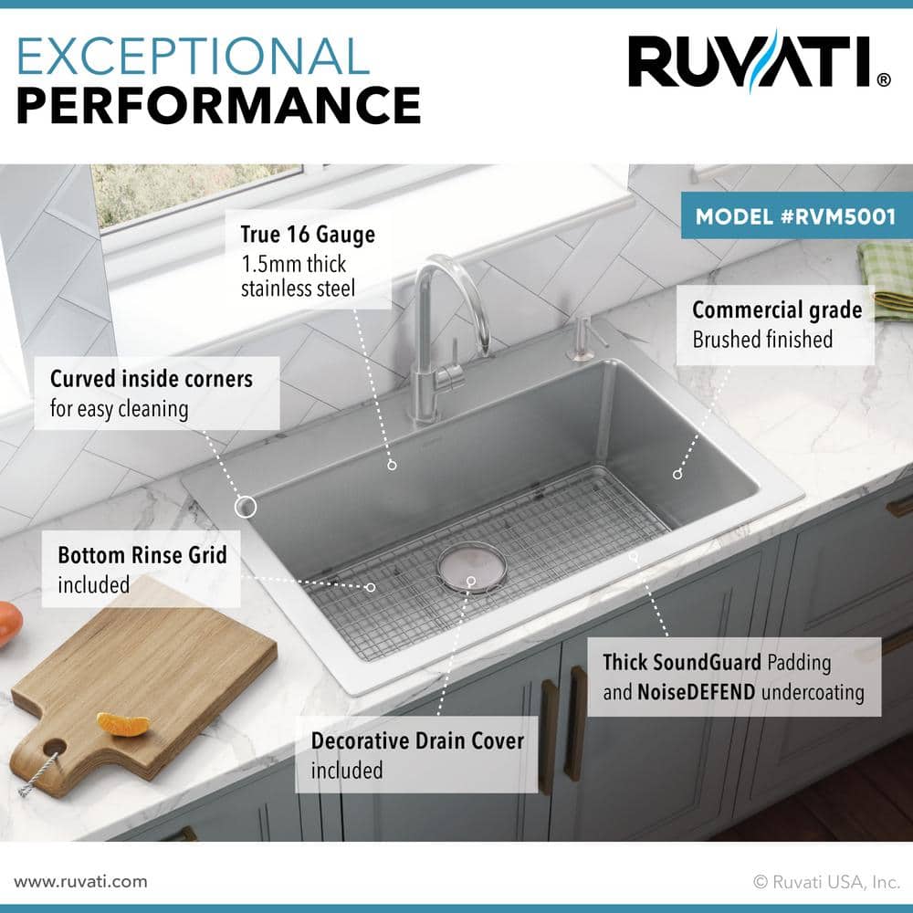 Ruvati 33 x 22 Inch Stainless Steel Drop-In Single Bowl Kitchen Sink