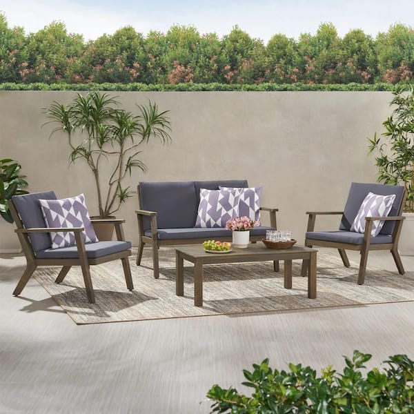 Sungrd Outdoor Acacia Wood 4-Seater Chat Set Picnic Tables in Gray with Cushion