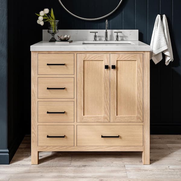 Cambridge 36 in. W x 22 in. D x 36 in. H Single Rectangle Sink Bath Vanity in Oak with Carrara White Quartz Top
