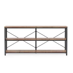 Eileen 70.9 in. Rectangle Black Metal Rustic Brown Particle Board Wood Top Sofa Table with 3 Open Storage Shelves