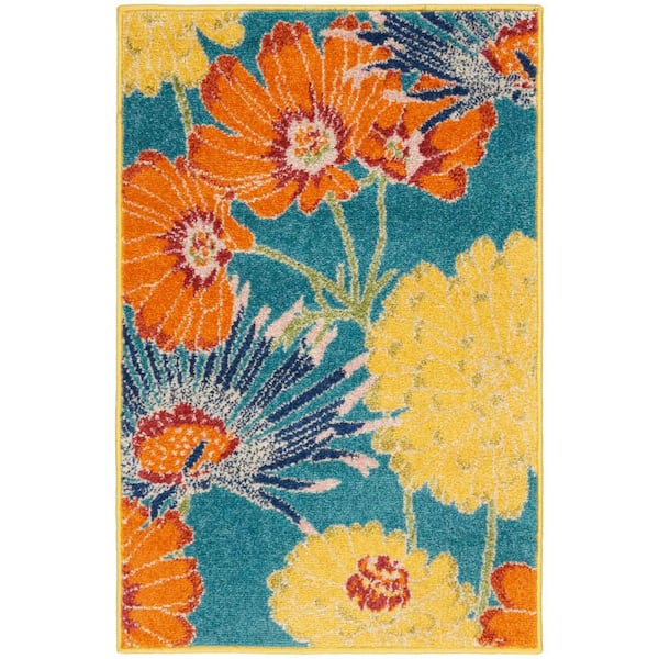 Nourison Allur Turquoise Multicolor doormat 2 ft. x 3 ft. Botanical Contemporary Kitchen Rug