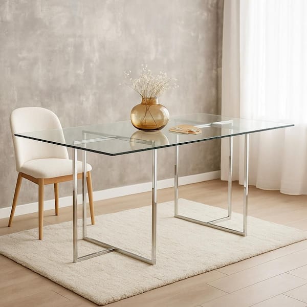 Nisa Chrome and Clear Glass Rectangle 71 in. Trestle Base Dining Table Seats 6