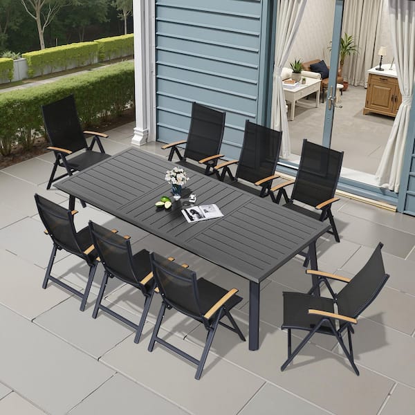 93.9 in. Patio Aluminum Black Outdoor Dining Set with Umbrella Hole and Folding Adjustable Chairs (9 Pieces)