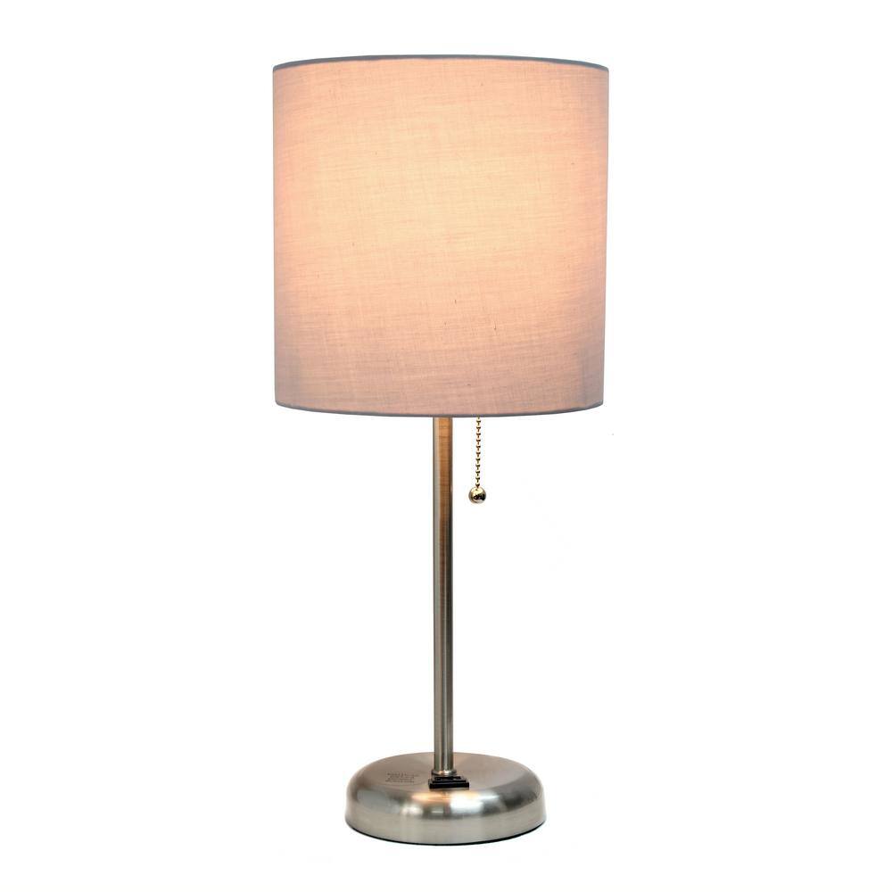 19.5" Gray Brushed Steel Stick Table Lamp with Charging Outlet