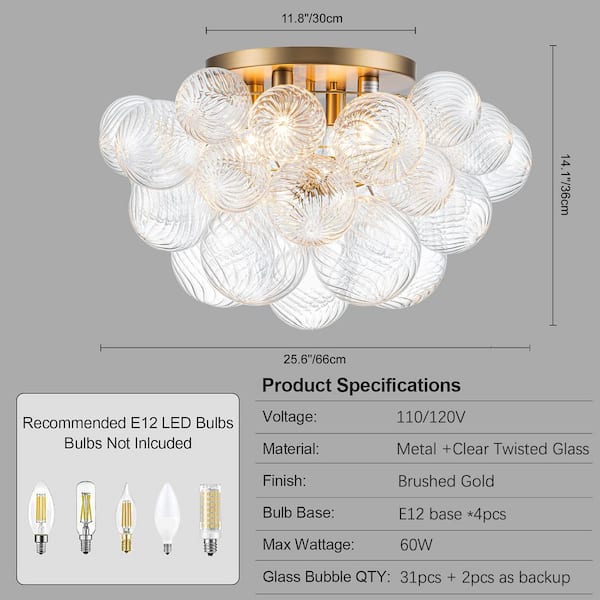25.98 in. 4-Light Brushed Gold Industrial Semi-Flush Mount Modern Bubble Ceiling Light with Clear Twisted Glass Shade