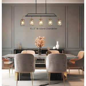 Modern Linear Chandelier 5-Light Gunmetal Gray and Brass Candlestick Island Chandelier with Textured Glass Shades