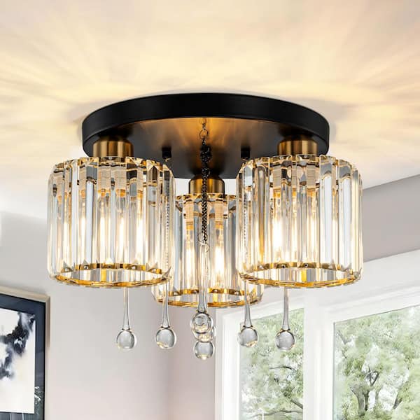 GoYeel 3-Light Black Gold Modern Round Chandelier with Clear Crystal for Dining Room, Kitchen and Entryway
