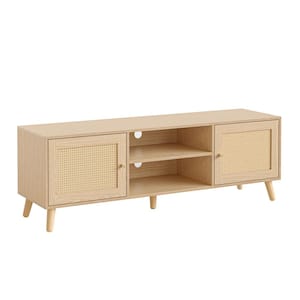 Camylle Natural Solid Wood Boho TV Stand for 65 in. TV Entertainment Center with Adjustable Shelves and Cabinet