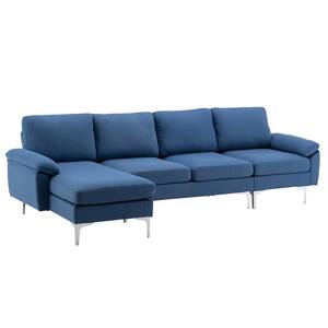 110 in. Wide Square Arm Linen Mid-Century L-Shaped Sofa in Blue 4-Seats
