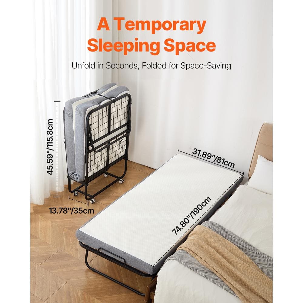 Twin Size Black Metal Rollaway Bed with White Foam Mattress