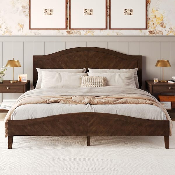 cozyman Adrian Mid-Century Brown Walnut Solid Wood Frame King Size Slat Support Platform Bed Frame with Adjustable Headboard