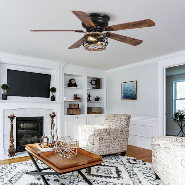 48 in. Indoor Matte Black Reversible Blades Flush Mount Ceiling Fan with Light Kit and Remote