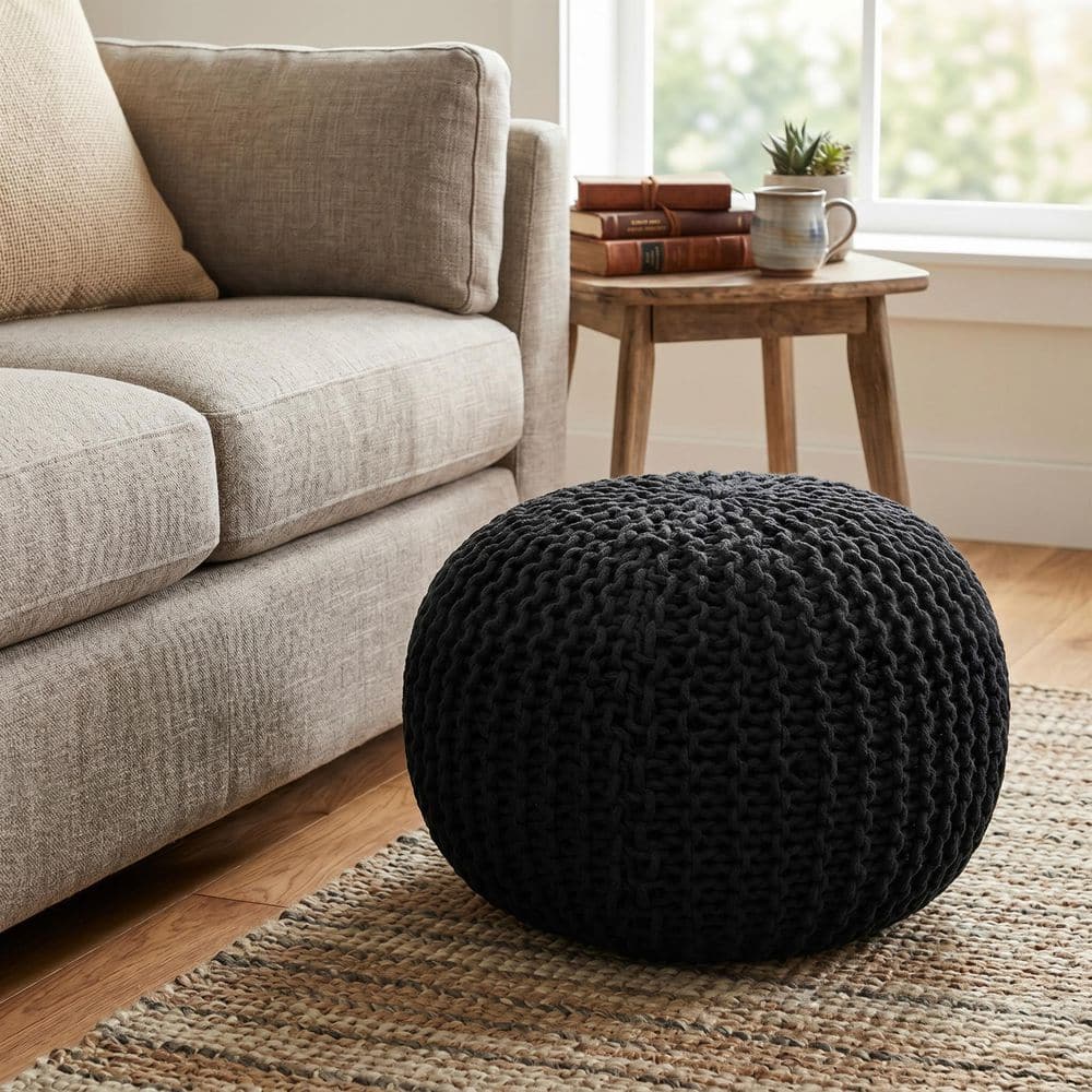 Charcoal Gray Cotton Round Pouf Ottoman Foot Rest-18.5 x 15 in. Braided Foot Stool Seat for Living Room Bedroom, Nursery price history on PriceWatchPro