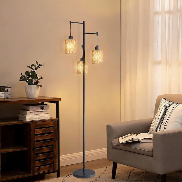 66 in. Black Farmhouse 3-Light Tree Floor Lamp for Living Room with Rattan Shades