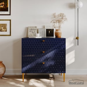 Blue Honeycomb pattern 3-Drawers Storage Accent Chest with Golden Stands and Adjustable feet
