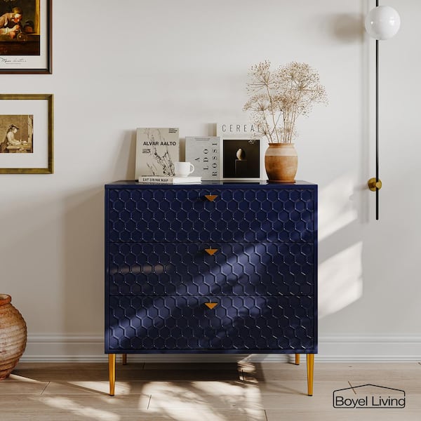 Blue Honeycomb pattern 3-Drawers Storage Accent Chest with Golden Stands and Adjustable feet