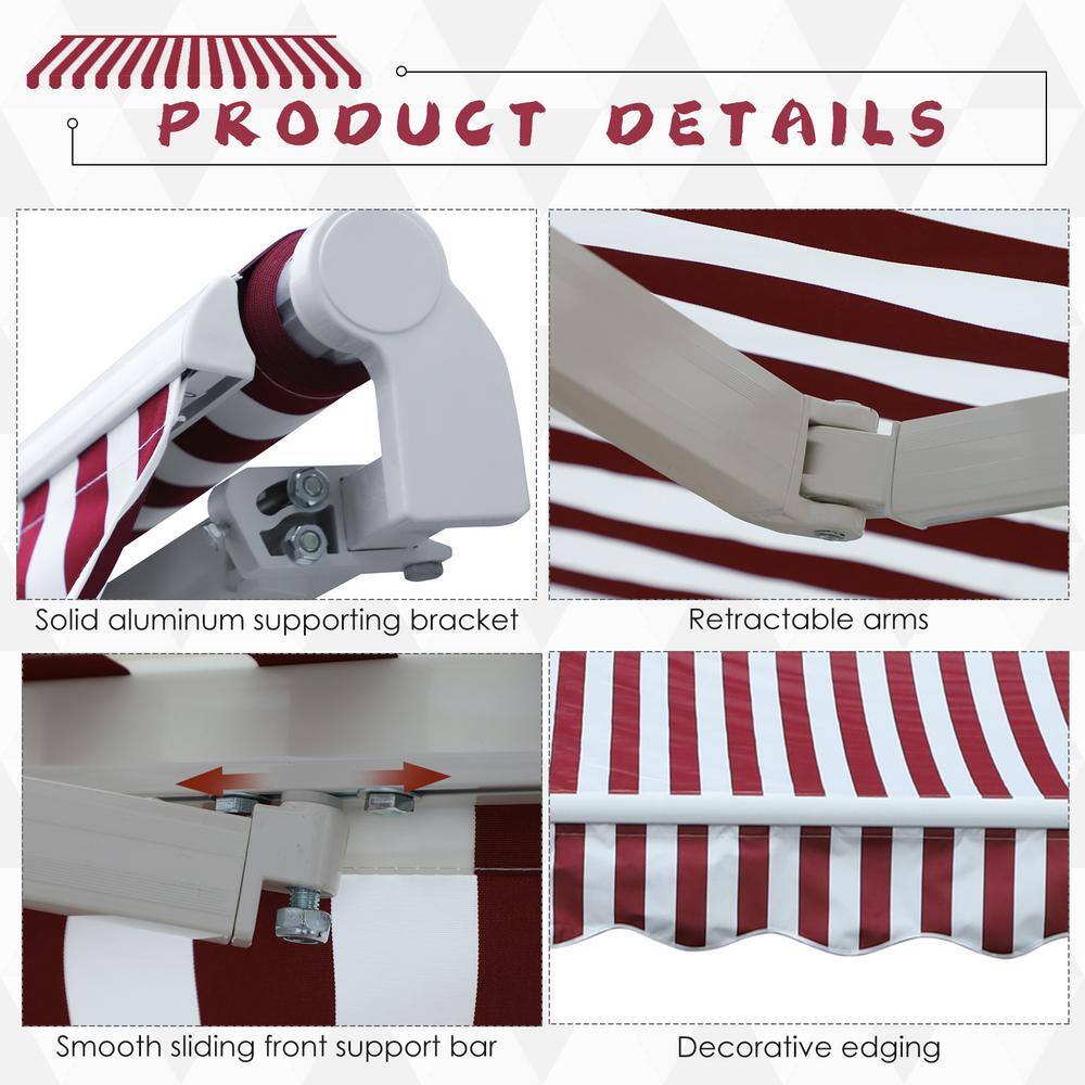 Wine Red Striped 10' x 8' Retractable Patio Awning with Aluminum Frame