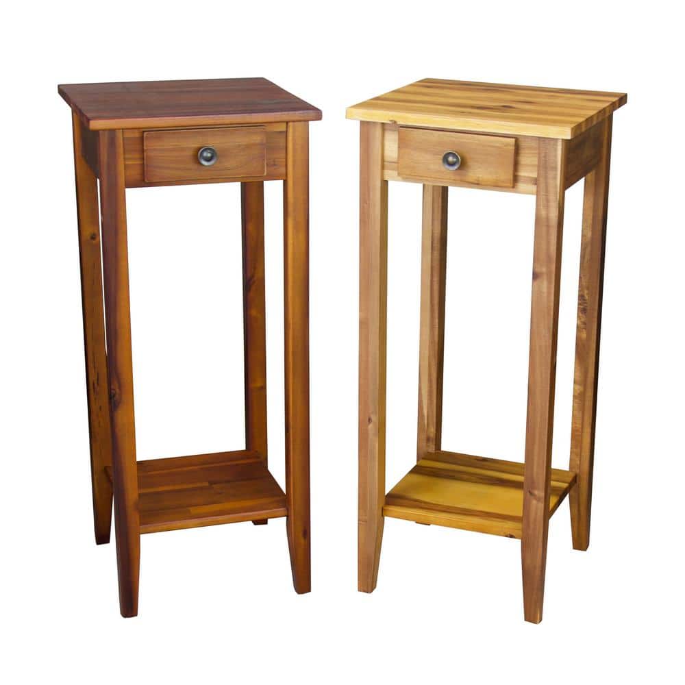 Mahogany Acacia 2-Tier Display Stand with Drawer