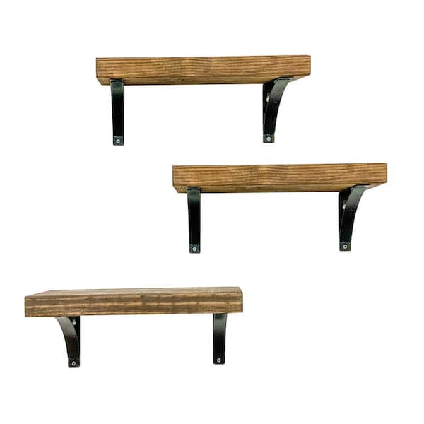 Intrinsic Haven Industrial Grace 16 in. W x 5.5 in. D Dark Brown Pine Wood (Set of 3) Simple Bracket Decorative Wall Shelf Set