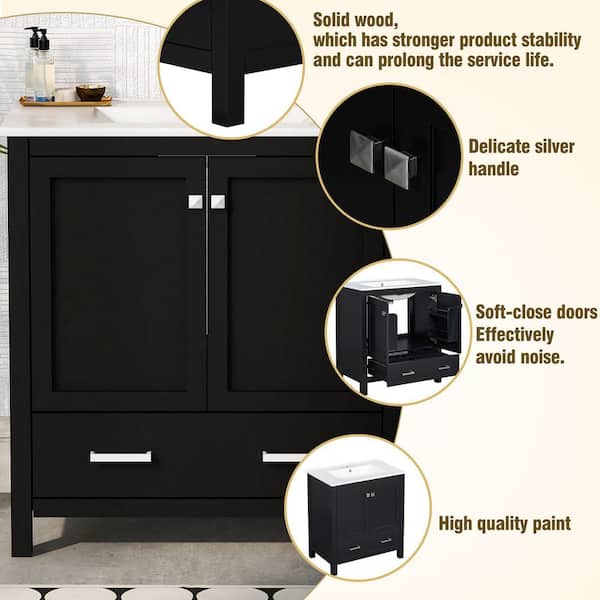 30 in. W Single Sink Freestanding Bath Vanity in Black with White Ceramic Top, 2 Doors and a Drawer
