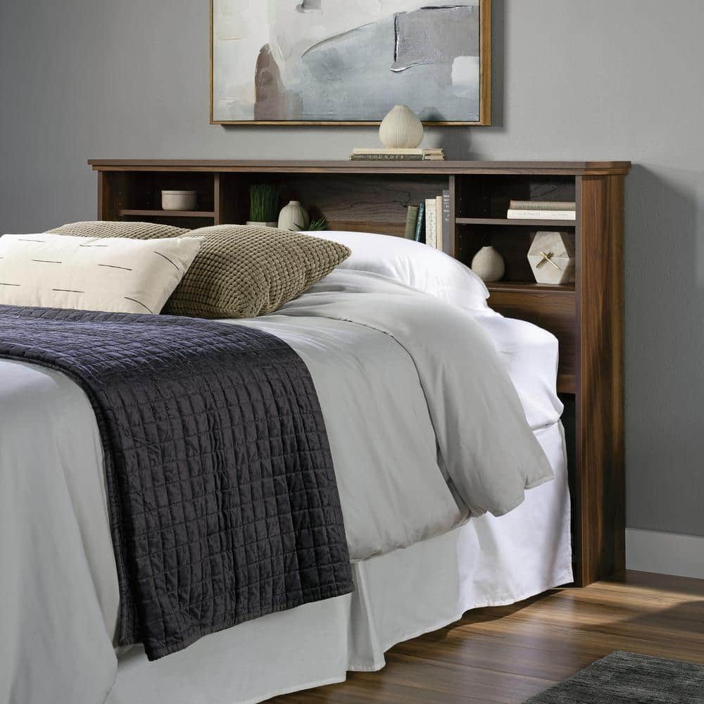 Full Size Grand Walnut Wood Bookcase Headboard with Storage