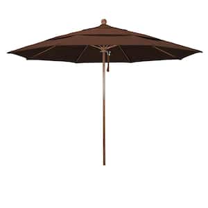 11 ft. Woodgrain Aluminum Commercial Market Patio Umbrella Fiberglass Ribs and Pulley Lift in Bay Brown Sunbrella